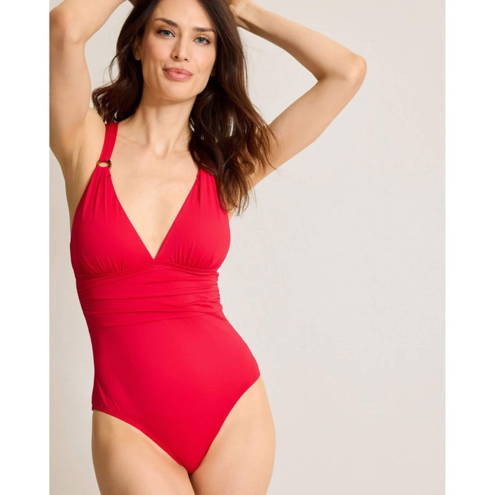 Tommy Bahama Pearl Novelty V Neck One Piece Cross Back Swimsuit Red Hibiscus 14
